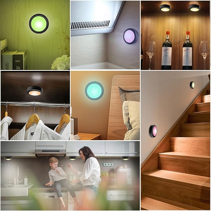 Yiliaw 12 Pack LED Puck Lights Remote Control 16 Color Changeable Under Cabinet Lights, Battery Operated Lights Night Light with Dimmer & Timmer for Closet Bedroom Kitchen, Black