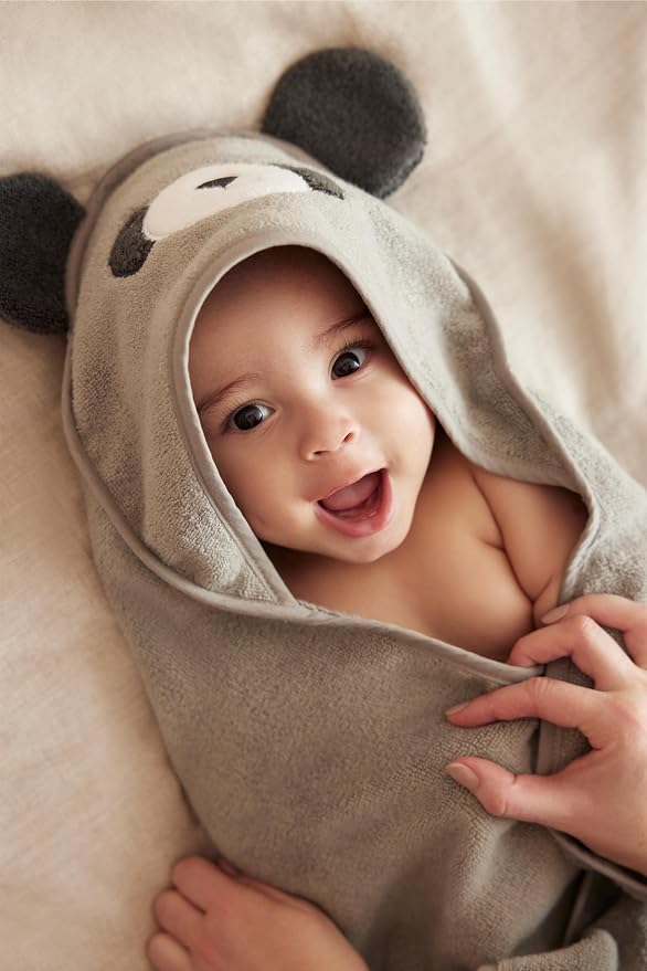 MORI Baby Hooded Bath Towel with Panda Design in Grey - Unisex Soft Wrap Cloth for Infants and Newborns - 30 x 30”