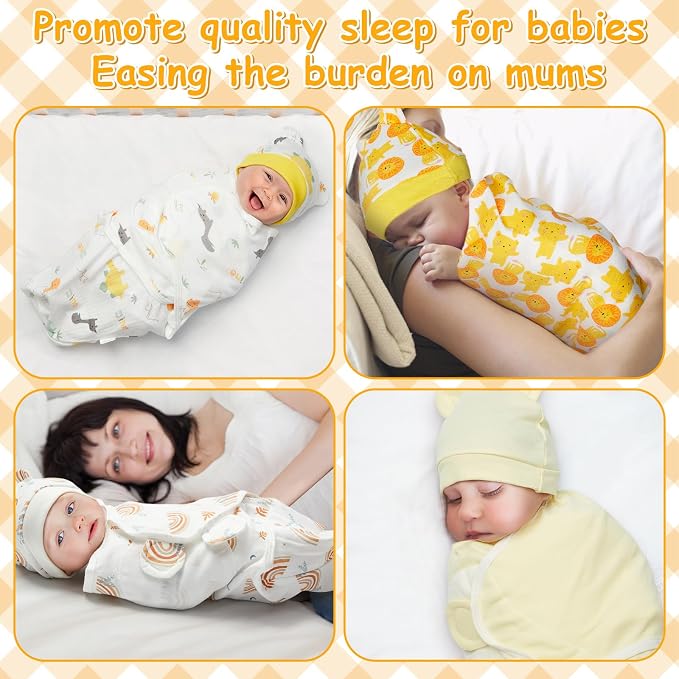 Ramede 6 Pack Swaddle Blanket with Hats for Baby Girl Boy 100% Cotton Swaddles 0-3 Months, Adjustable Breathable Skin Friendly Receiving Blanket Wrap, Essential for Newborns(Rainbow,Yellow)