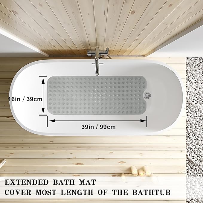 Linoows Bathtub and Shower Mats, Extra Long Non-Slip Bath Tub Mat 39 x 16 Inch, Machine Washable Bathmat with Suction Cups & Drain Holes for Bathroom Floor, Clear Grey