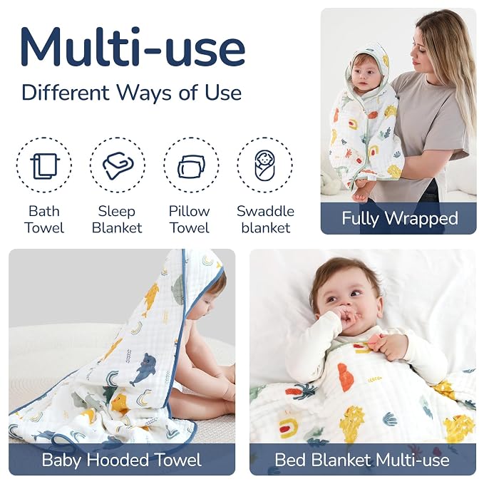 Baby Hooded Towel 2 Pack, Ultra Absorbent & Soft Muslin Baby Towel - 32 x 32 Inches, Baby Bath Towel for Newborns, Infants & Toddlers, Ideal for Bath Time, Pool & Beach