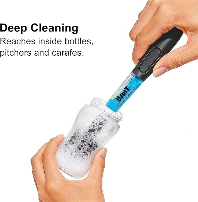 Soap Dispensing Bottle Brush (2 Pack) - Long Handle Kitchen Cleaner for Bottles, Carafes & Pitchers - Narrow Neck Glass Scrubber for Water Bottles & Tumblers