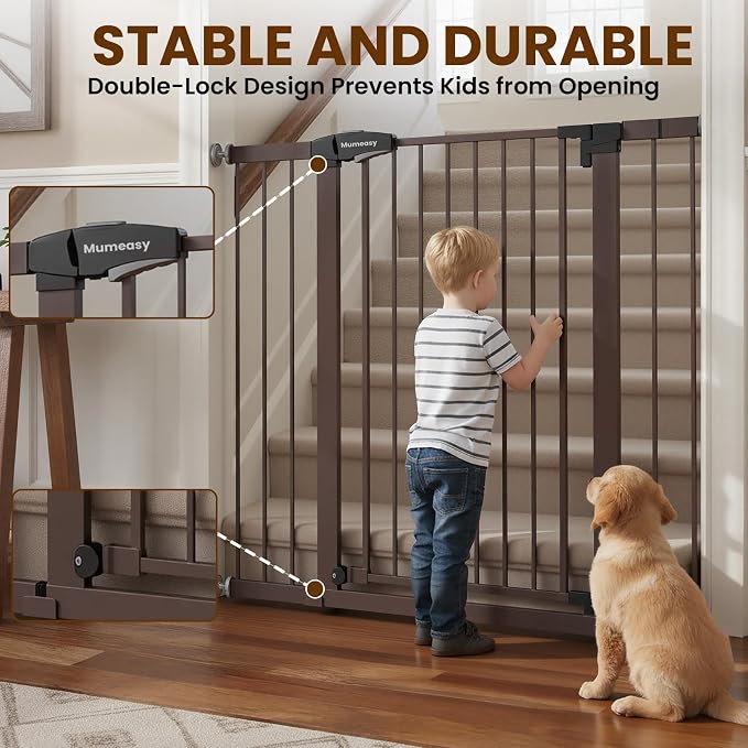 Mumeasy 36" Extra Tall Dog Gate, Auto Close Baby Gate for Stairs Doorways, 29.7-46" Wide Walk Thru Child Safety Gate for House, Easy Install Pressure Mounted Metal Pet Gate with Door, Brown