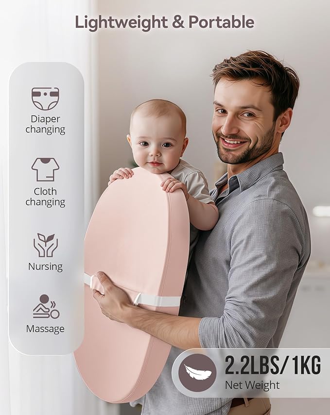 COMOMY Baby Changing Pad with Wipeable & Waterproof PU Cover, Contoured Diaper Changing Pad for Dresser with Non-Slip Safety Belt, Portable and Lightweight, Large Cushioned Foam, Pink