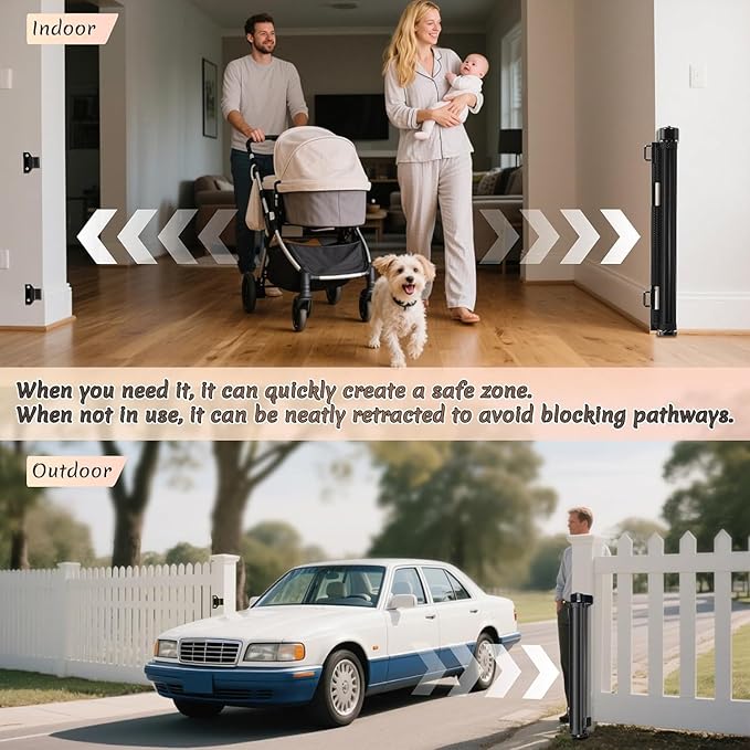 Miumoon 100 inch Retractable Baby Gates 42 inch Tall, Retractable Gate with Reinforced Strip Design to Prevent Crawling Through, 8 FT Extra Wide Retractable Dog Gate for Indoor/Outdoor