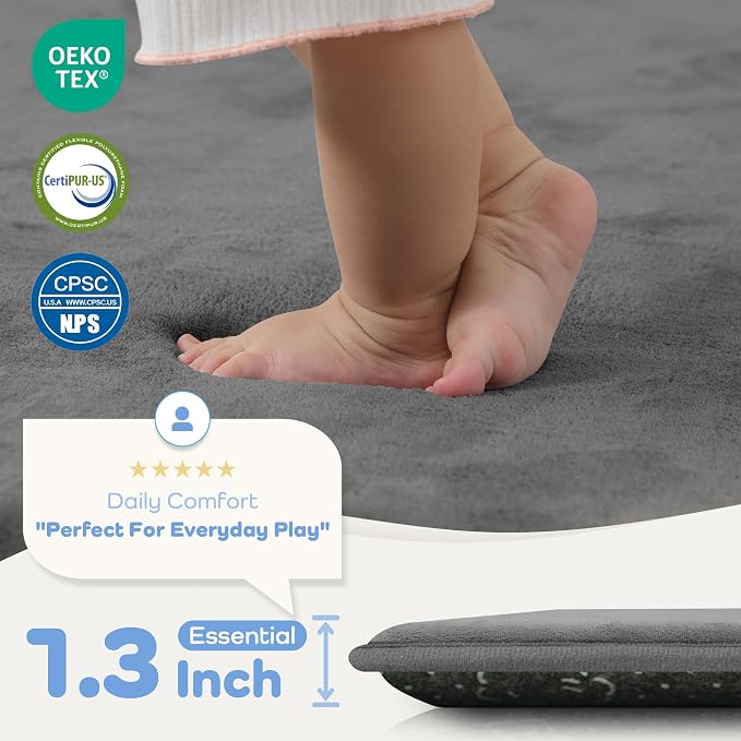 1.3" Thick Baby Bedside Floor Mat for Bedroom, Basic Padded Foam Soft Plush 28x72 Runner Rug with Non Slip Cushioned for Nursery Playroom (Dark Grey)