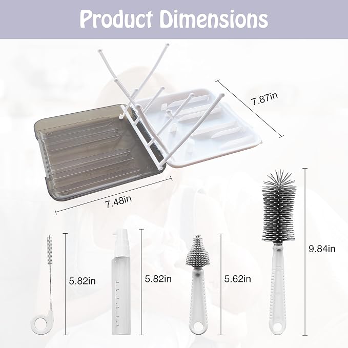 Baby Bottle Brush,6 in 1 Bottle Cleaner Brush Kit with Extendable Silicone Bottle Brush, Drying Rack, Nipple Brush, Straw Brush, Soap Dispenser & Organizer Case, Ideal Gifts for Babies & Moms