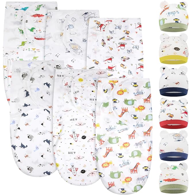 Ramede 6 Pack Swaddle Blanket with Hats for Baby Girl Boy 100% Cotton Swaddles 0-3 Months, Adjustable Breathable Skin Friendly Receiving Blanket Wrap, Essential for Newborns(Rocket,Colorful)