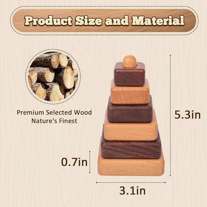 Adena Montessori Ring Log Wood Stacking Toy, Montessori Geometric Stacking Wooden Educational Toy for Babies, 12 Months and Up, Stacking Tower Toy for Babies (Square Type)