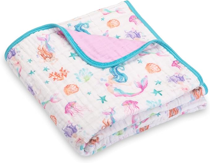 LollyBanks Muslin Baby Quilt, 6-Layer 100% Organic Cotton Baby Blanket for Girls, Soft and Breathable Toddler Quilt, Lightweight Infant Blanket for Crib or Stroller, Newborn Essentials (Mermaid Print)