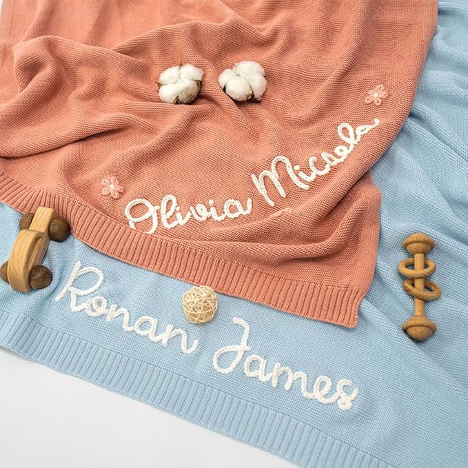 Luxury Personalized Name Baby Blanket, Hand-Embroidered Name Baby Blanket, Soft Breathable Cotton Knit Kids Blankets, Newborn Kid Gift, New Mom Gifts, Newborn Kids Girl & Boy Gift 6