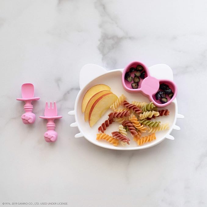 Bumkins Baby Utensils Set, Chewtensils Silicone Spoons for Dipping, Self-Feeding, Baby Led Weaning, Trainer Learning, First Stage Eating, Soft Practice Fork and Spoon, 6 Months, Hello Kitty Pink