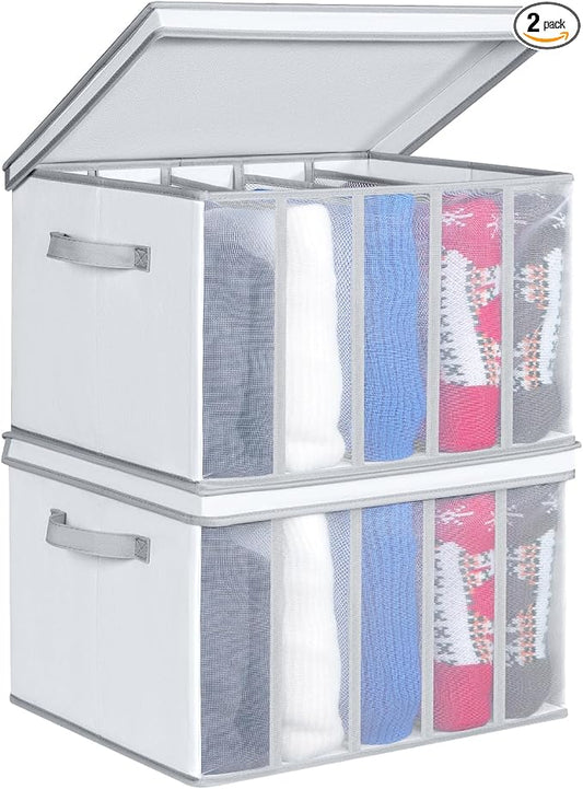 Univivi Large Size Wardrobe Clothes Organizer, 5 Grids Sweater Organizer for Closet with Handles, Support Boards and Lids, Foldable Closet Organizers for Sweaters, Pants, T-shirt, Hoodie- 2 Pack