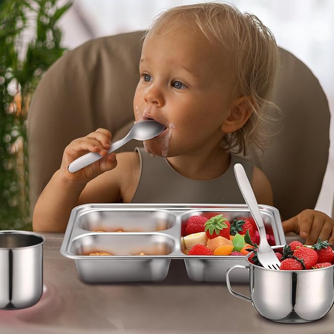 Tioncy 15 Pcs Stainless Steel Kids Dinnerware Set Stainless Steel Toddler Plates and Bowls Set Divided Plates Cups Bowls Forks and Spoons 3 Compartment Dinner Dish for Babies Toddlers and Kids