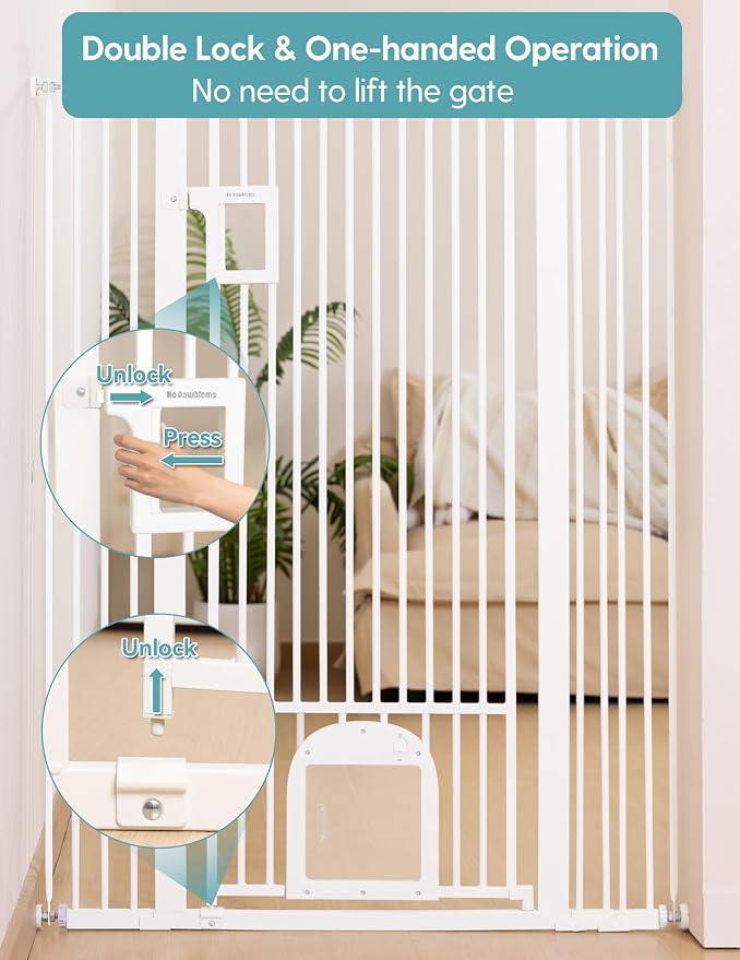 No Pawblems 55" Extra Tall Pet Gate with Adjustable Cat Door, 29-43" Auto Close Tall Dog Gate, NO Drilling Pressure Mounted for Doorways/Hallways, 1.37" Narrow Bar Spacing, White