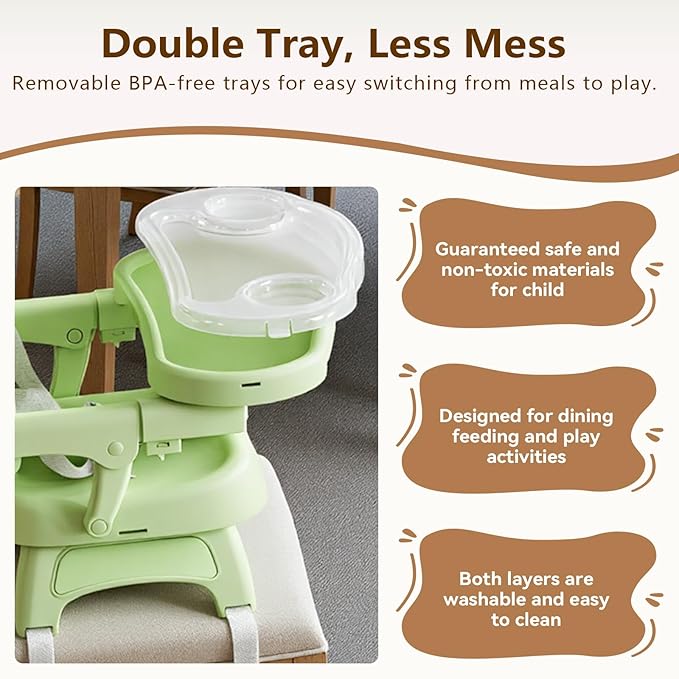 Booster Seat for Kitchen Chair, 3-in-1 Foldable & Portable Booster Seat with Tray, Extra Dishwasher-Safe Tray, Safety Straps for 6??8M (Up to 30 lbs), for Dining Table & Travel, Green