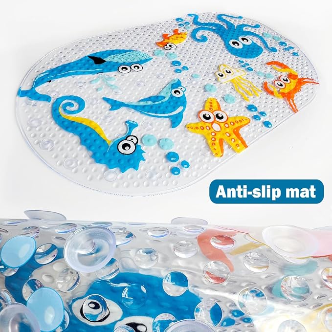 PTAPIPI Sea Animal Kids Bath Mat - 27x15 Inch Oval PVC Mat with Suction Cups, Machine Washable, Colorful Design for Children (Cute Cartoon Octopus)
