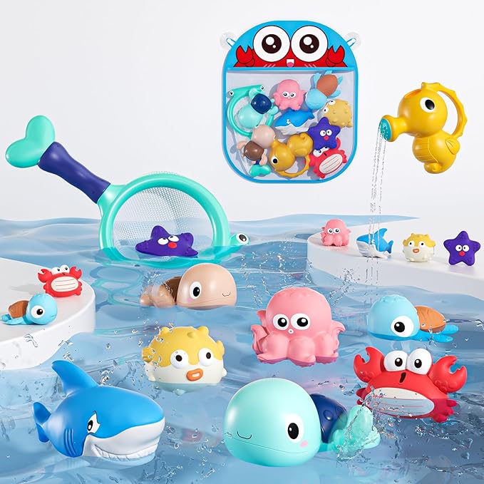 Bath Toy for Toddlers 6-12-18 Months, No-Hole Bathtub Toys with Baby Bath Animals, Wind-Up Turtles, Fishing Net & Storage Bag, Floating Toys for Toddlers 1-3 Year Old Boys Girls (11 Pack)