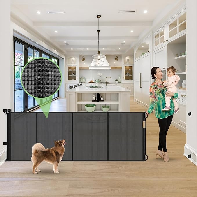 Reinforced 120 Inch Retractable Baby Gates Extra Wide Dog Gate with Support Rods ??Prevent Crawling Under, 10 Feet Extra Long Baby Gates for Large Openings, Indoor/Outdoor Retractable Dog Gate, Black