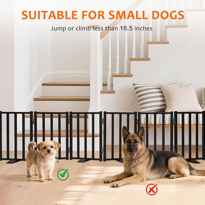 Snagle Paw Short Dog Gate,16.5" Tall Freestanding Metal Dog Gate Only for Small Dogs with Support Feet Easily Step Over,Up to 72" Wide Puppy Gate Indoor for Stairs,Doorways(Black,6 Panel)