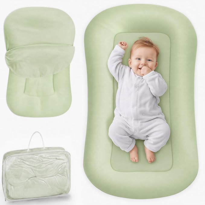 Infant Support Cushion - Baby Support Cushion for Newborn, 0-24 Months, Breathable Cotton Tummy Time Mat, Supervised Use, Portable Newborn Essentials for Home and Travel, Sage Green (Cover Included)