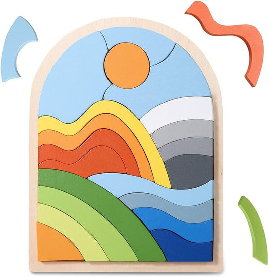 Montessori Wooden Shape Puzzles - Color Matching & Cognition Fun for Kids Over 3 Years Old, with Rainbow Blocks & Themes, Fine Motor Skill Building Toys & Gifts (Sunrise)