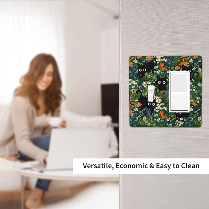 Cute Cool Funny Black Boho Cat 2 Gang Combination 1-Toggle 1-Decorator/Gfci Device Wall Plates Fun Cartoon Kid Boy Girl Forest One Rocker with Toggle Combo Light Switch Plates and Socket Outlet Covers