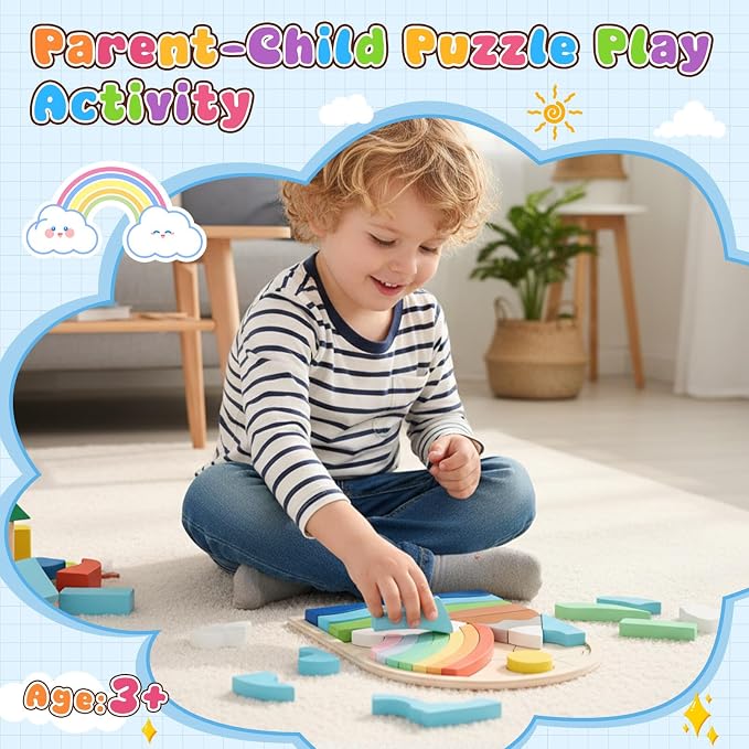 Montessori Wooden Shape Puzzles - Color Matching & Cognition Fun for Kids Over 3 Years Old, with Rainbow Blocks & Themes, Fine Motor Skill Building Toys & Gifts (Rainbow)