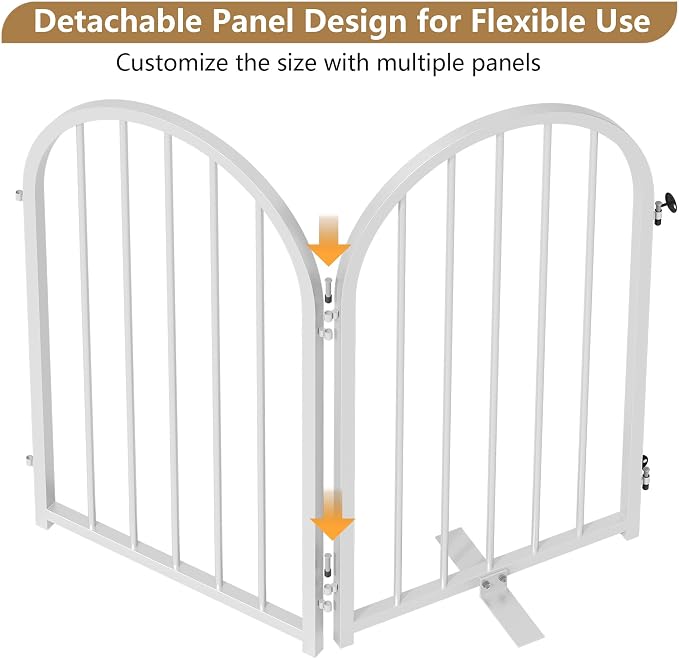 PUPETPO Full Metal Dog Gate with Door for Indoor Outdoor, 24" Tall Free Standing Pet Dog Fence, 72" Extra Wide Pet Gates for Stairs, Hallways, Doorways, Kitchen, Decks, Yards (White, 4 Panels)