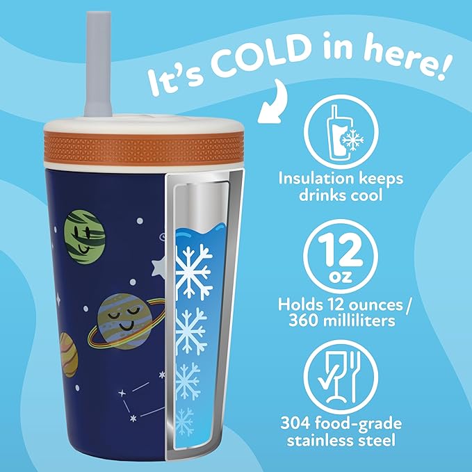 Nuby Thirsty Kids Insulated Toddler Cup with Silicone Flexstraw - 12 oz - Stainless Steel and Leak-Resistant - 18+ Months - Astronaut