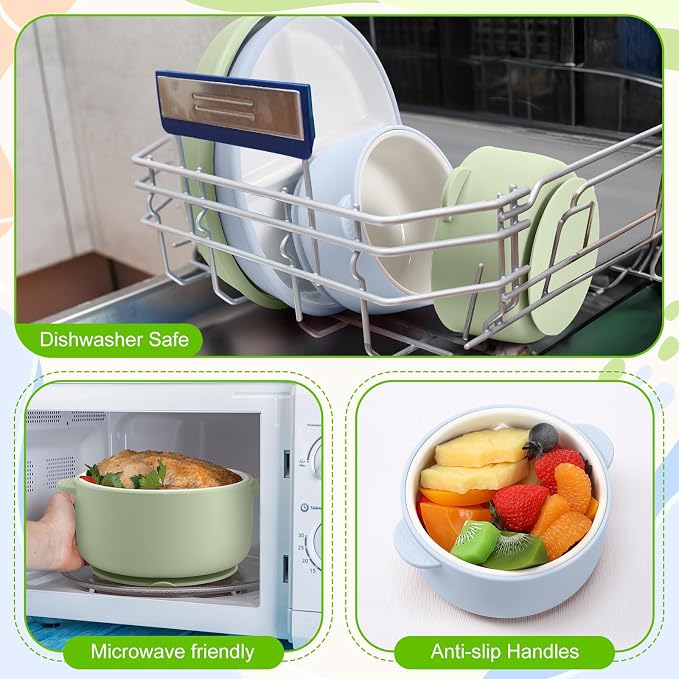 Domensi 4 Pcs Porcelain Kids Plates and Bowls Sets with Suction, 2 Ceramic Toddler Divided Plates 2 Baby Anti Slip Silicone Sleeve Bowls for Feeding Supplies Microwave Dishwasher Safe(Blue,Green)