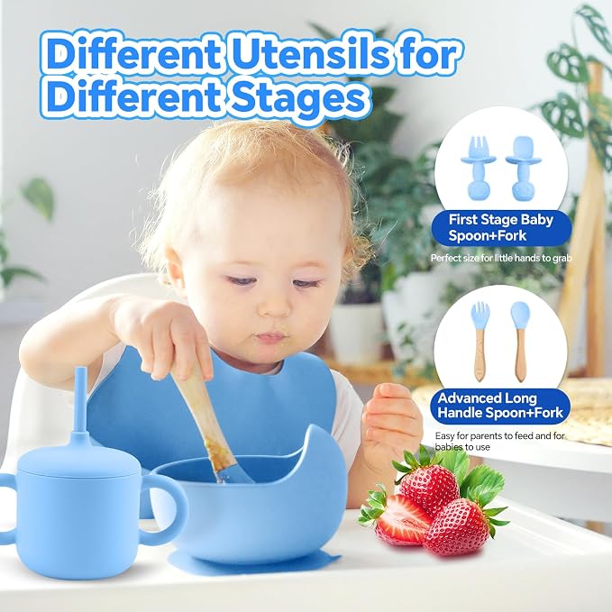 Silicone Baby Feeding Set, BPA Free Baby Feeding Essentials, Baby Suction Bowl, Plates, Bib, Sippy Cup, Spoons set, Baby Led Weaning Supplies to Develop Self-feeding Skills (Blue, With Lid)