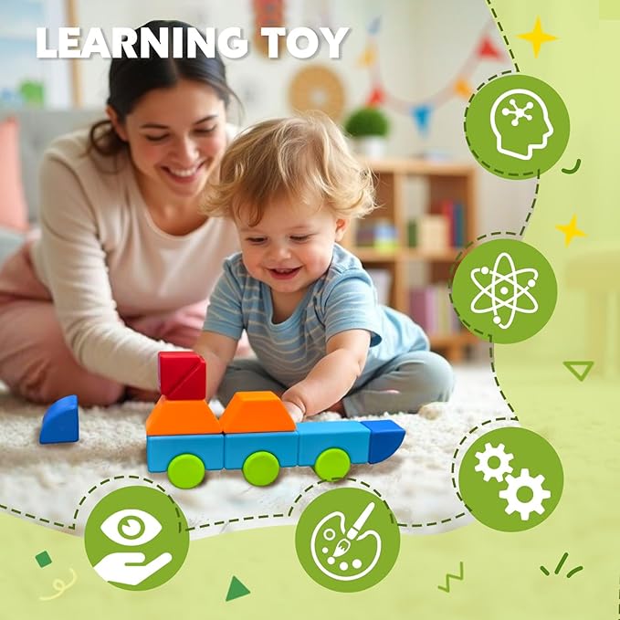 Pairez Toys Magnetic Building Blocks, Large Magnetic Blocks for Kids Ages 1-3, 3D Geometric Shapes Stacking Blocks Set, Montessori Sensory Toys for Toddlers, Boys & Girls (12pcs)