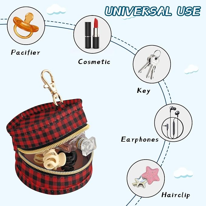Black Red Buffalo Plaid Print Pacifier Holder Case with Clip Portable Pacifier Storage Bag for Girls Boys