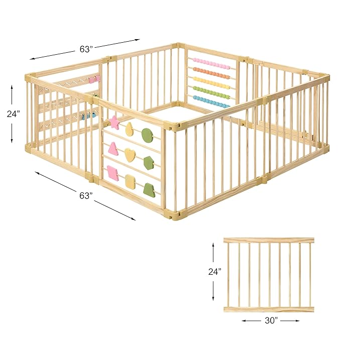 ZETY Natural Wood Baby Playpen ??8 or 10 Panel Foldable Play Yard with Door Panel and Built-in Toys, CPC Certified & SGS Tested