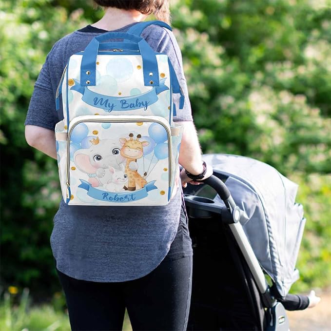 M YESCUSTOM Custom Diaper Bag Backpack with Name Personalized Cute Animals Bag Customized Mommy Bag for Mom Dad Blue