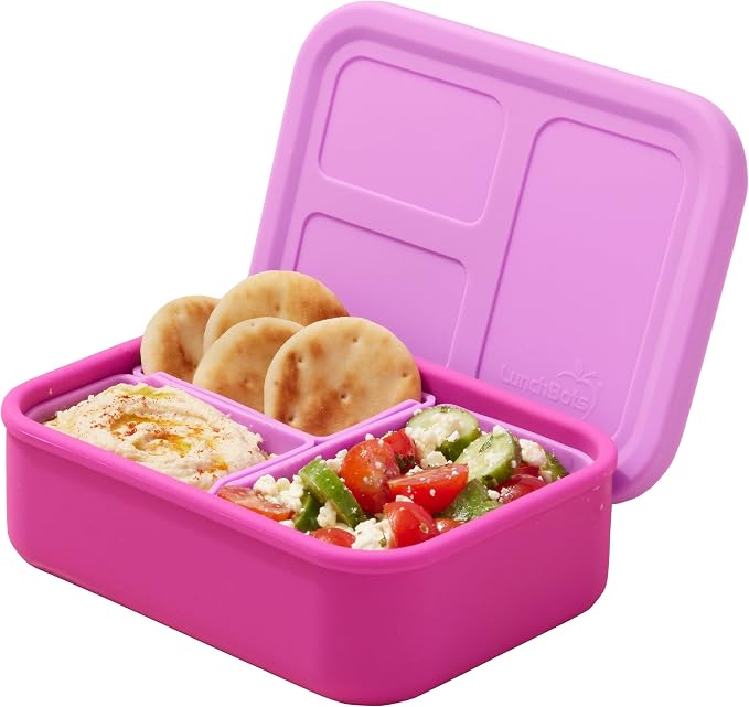 LunchBots Build -a- Bento Lunch Box, Silicone Bento Box for Kids, Multi-Compartment Lunch Container, Oven & Dishwasher Safe, BPA Free, 28 oz - Pink
