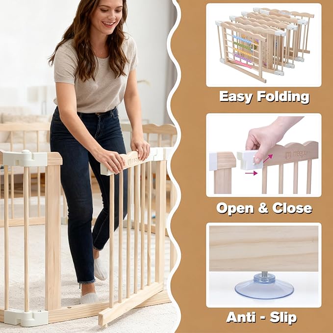 M MEEPO Foldable Baby Playpen, 57 x 57 x 25 in, Adjustable Shape & Size Wooden Baby Playpen with 2-Pack Storage Bags, Nature Pine Wood Play Yard for Infant, Toddler, Safety Lock Door, Build in Toys