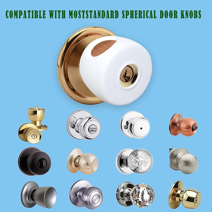 Child Proof Door Knob Safety Covers - 4 Pack, Easy Install Baby Door Knob Covers for Kids, Durable White PP Material, Fits Most Spherical Door Knobs, Child Safety Products