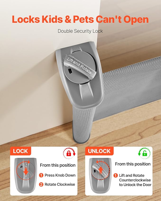 VEVOR Retractable Baby Gate, Extends to 56.3 inch Wide, 31.3 inch Tall, with Security Lock, Easy to Use, Walk Through Without Tripping, Mesh Dog Gate for Stairs, Hallways, Indoor/Outdoor, Gray