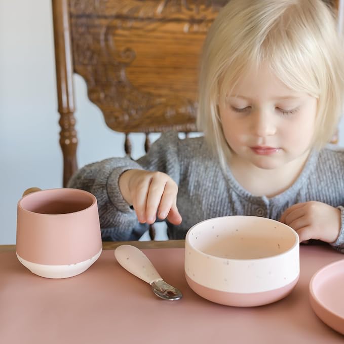 Yeah Baby Goods Silicone Kids Bowl - Food Grade, Duo-Toned Modern Terrazzo Bowl for Baby - Sturdy, Dishwasher & Microwave Safe Bowls - Non Suction Bowls for Kids of All Ages (Terracotta/Blush Speckle)