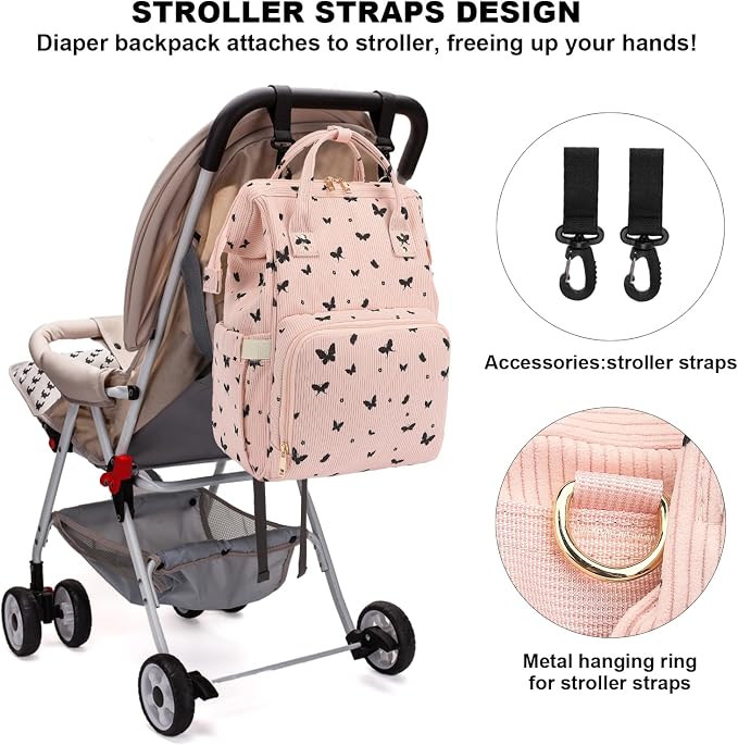 Corduroy Diaper Bag Backpack for Baby Girls Boys, Women Large Nappy Bags for Mom (Pink Corduroy Butterfly)