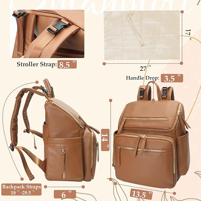 Omanmoli Diaper Bag Backpack Large Baby Diaper Bag Leather with 17 Diaper Bag Organizing Pouches,Changing Pad,Stroller Straps,4 Insulated Pockets,Brown