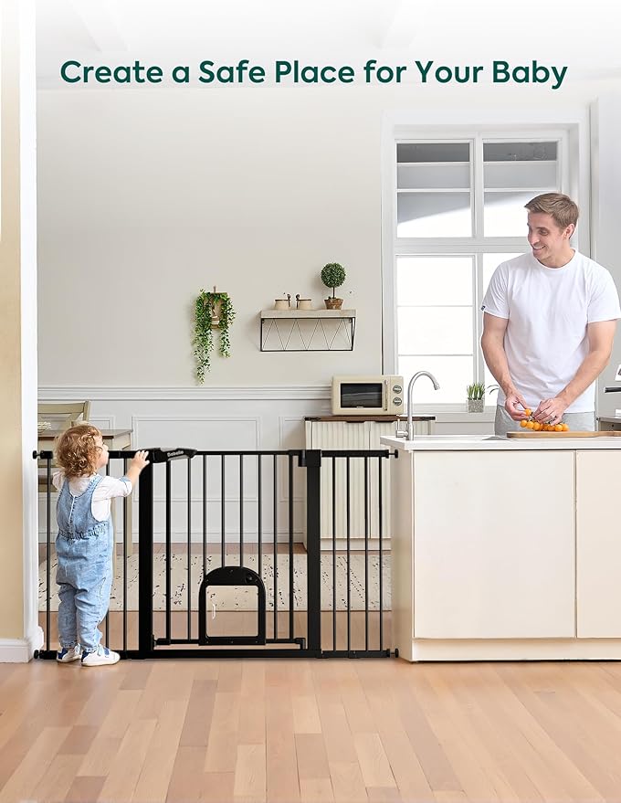 Babelio Baby Gate with Cat Door, CatPrivilege ?? Extra Wide 29-55" Cat Gate, 30" Tall Pressure Mounted Safety Gate for Large Openings, Stairs & Doorways, Auto Close, Black
