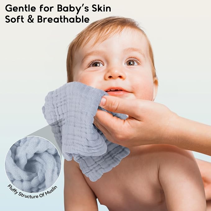 Unnivoll Muslin Burp Cloths Baby 12''X12'', Baby Washcloths 6 Pack, 100% Cotton Baby Wash Cloths Absorbent and Soft for Newborn Infants Kids Boys Girls - Gradient Blue