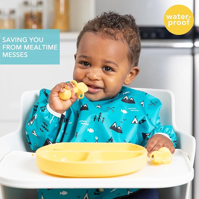 Bumkins Sleeved Bib for Girl or Boy, Baby and Toddler for 6-24 Mos, Essential Must Have for Eating, Feeding, Baby Led Weaning Supplies, Long Sleeve Mess Saving Food Catcher, Fabric, Outdoors Blue