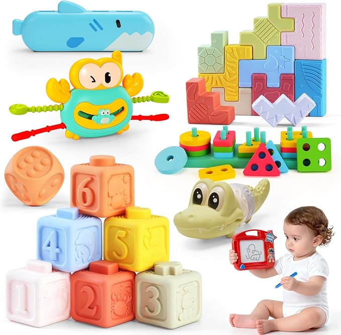 8-in-1 Montessori Baby Toys for 6-12 Months,Babies Travel Toy Set with Stacking Blocks, Pull Teether, Sensory Shape Sorter, Drawing Board & Harmonica, Infant Learning Gift for Toddler 1-3 Year Old