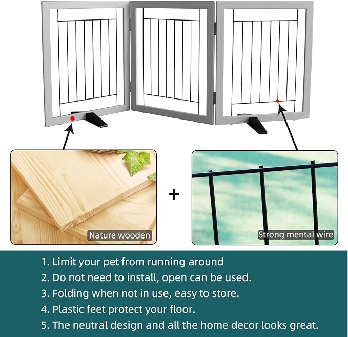 Dog Fence Indoor - 3-Panel Freestanding Dog Gate for Doorways, Hallways, House or Stairs -60x24-Inch Retractable Foldable Expandable Wood Pet by SFJC (Grey)