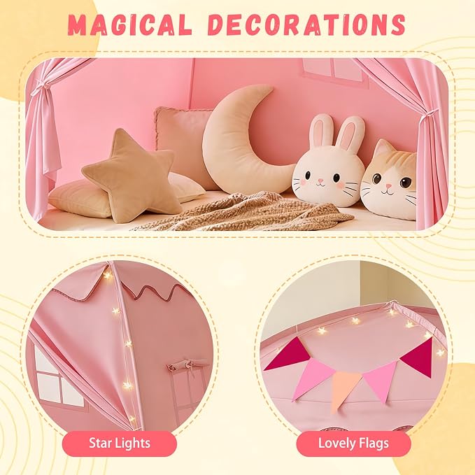 Extra Large Kids Play Tent with Star Lights & Flags, 2-Window Cone Wave Teepee for Boys & Girls, Portable Foldable Indoor Outdoor Dome Playhouse, 59.1x39.4x59.1 in, Pink