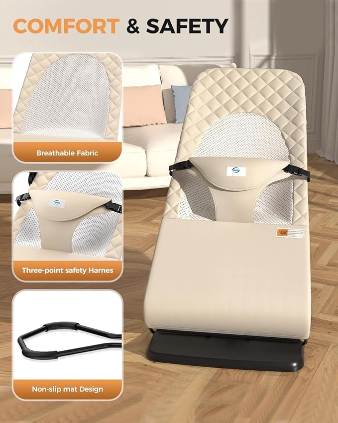 Baby Bouncer, Bouncer Seat for Babies 0-12 Months,Ergonomic Baby Seat Breathable and Comfortable Cushion with 3-Height Adjustments, Infant Rockers Portable Folding and Detachable